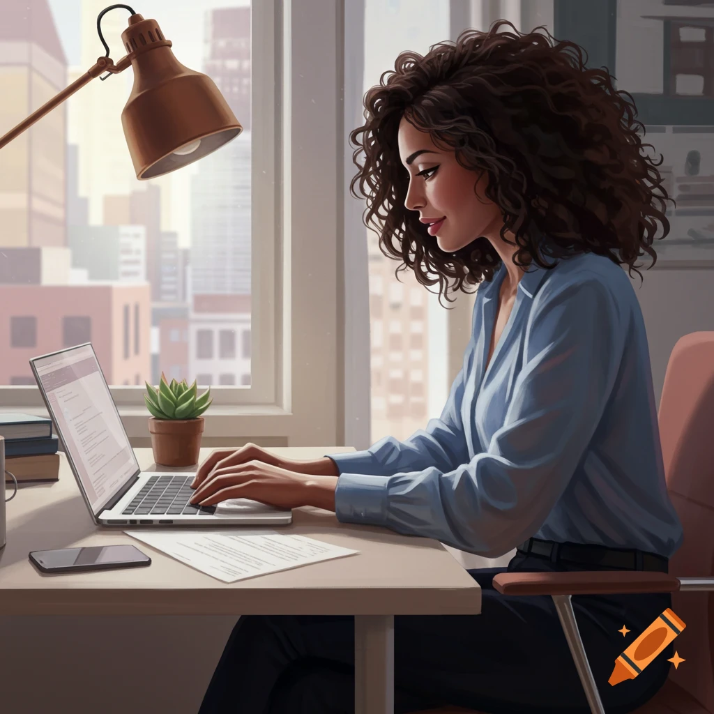 A woman with curly hair is working on a laptop at a desk with a city view.