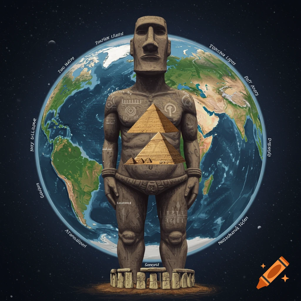 A large stone statue with an Easter Island head and body covered in symbols stands in front of Earth, with pyramids in its chest and standing on Stonehenge. Stylized.