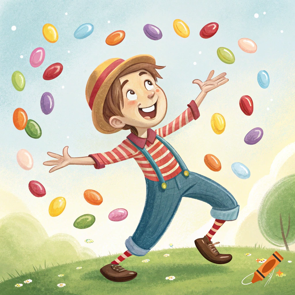 Illustration of a happy boy juggling colorful jelly beans in a grassy field.