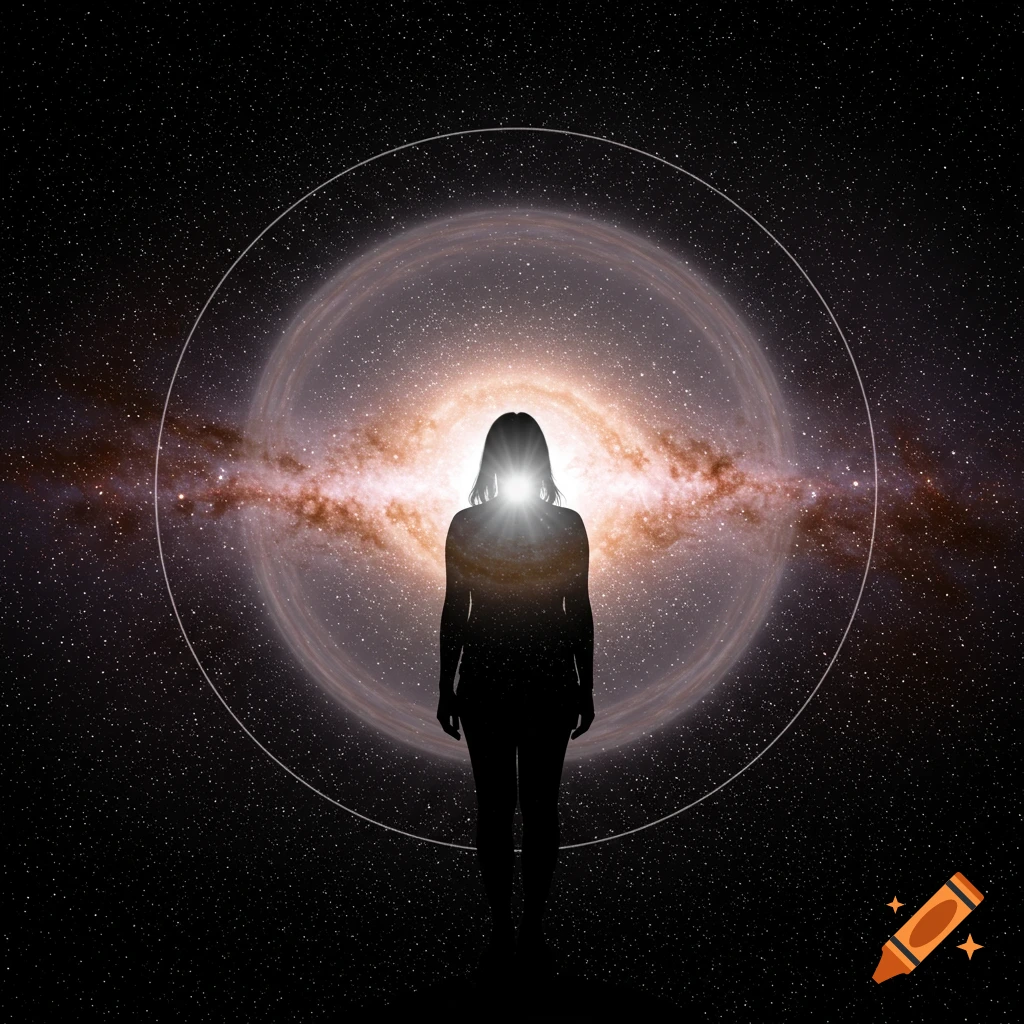 Silhouette of a person with light emanating from their head, standing before a swirling galaxy in space.