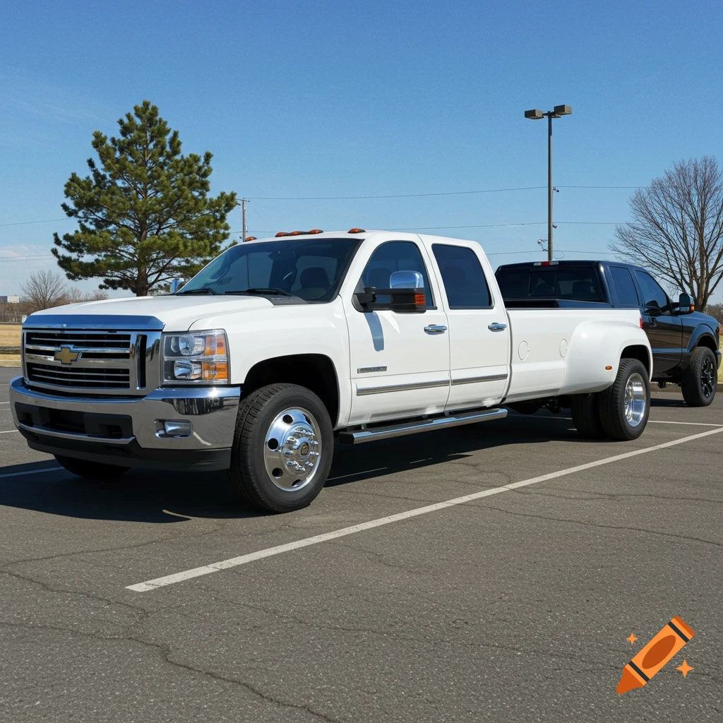 A white Chevy dually pickup truck parked next to a black Ford F-250 in a parking lot.