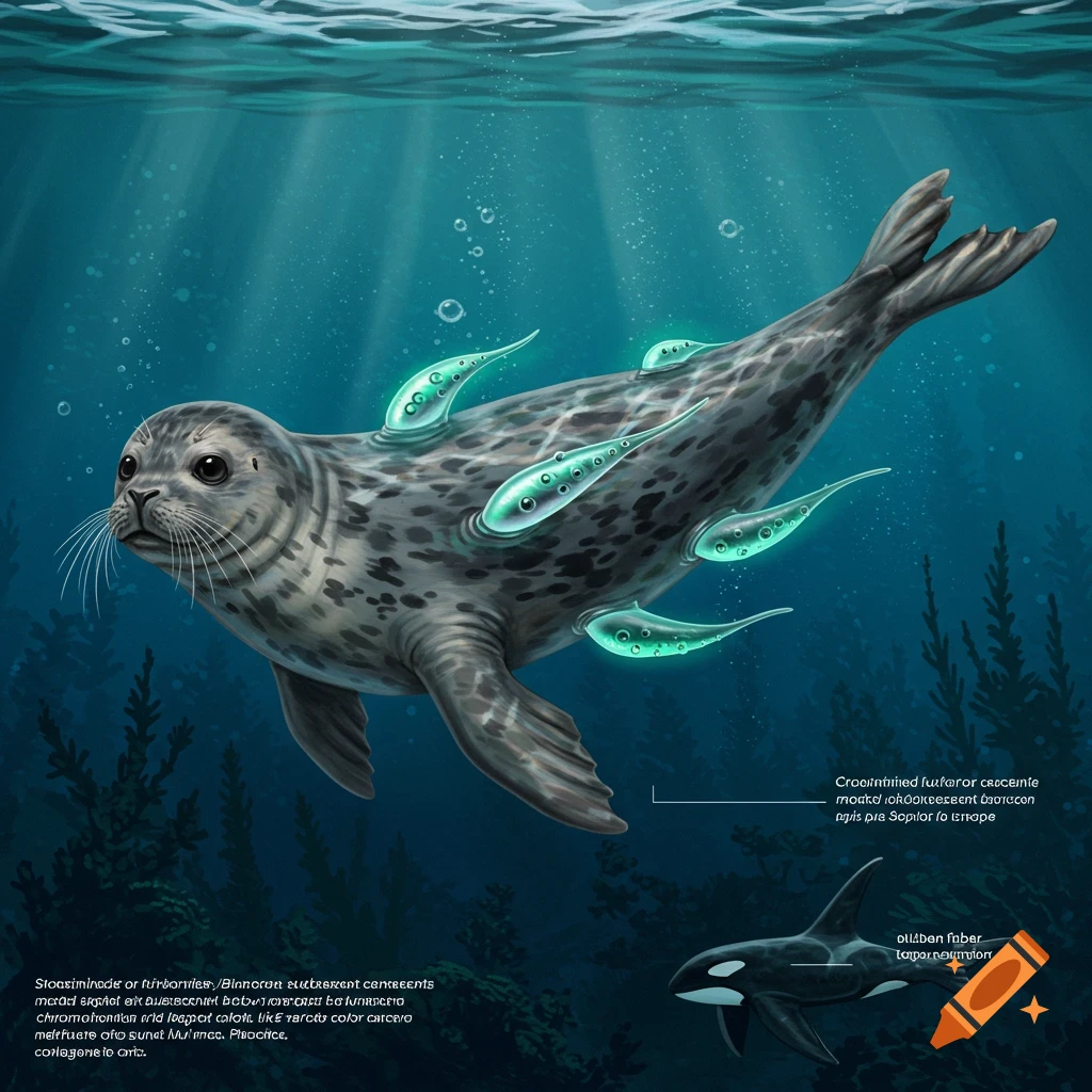 A Harbor Seal with glowing pods swimming underwater near an orca.