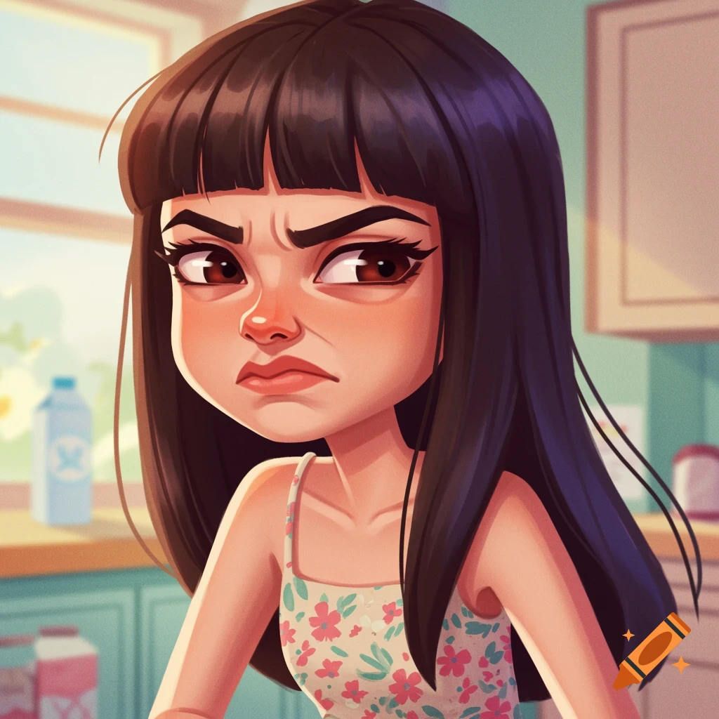 Cartoon portrait of a girl making a disgusted face in a kitchen setting.
