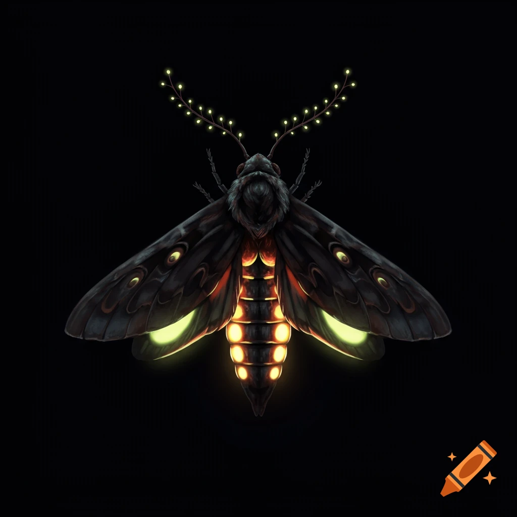 A moth and firefly hybrid creature is shown with a glowing abdomen and antennae against a black background.