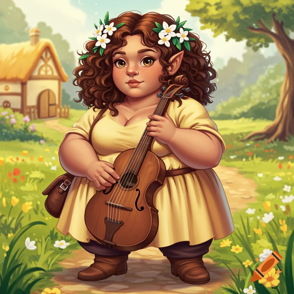 A chubby female gnome bard with curly brown hair and flowers in her hair stands in a meadow holding a violin, with a village house behind her.