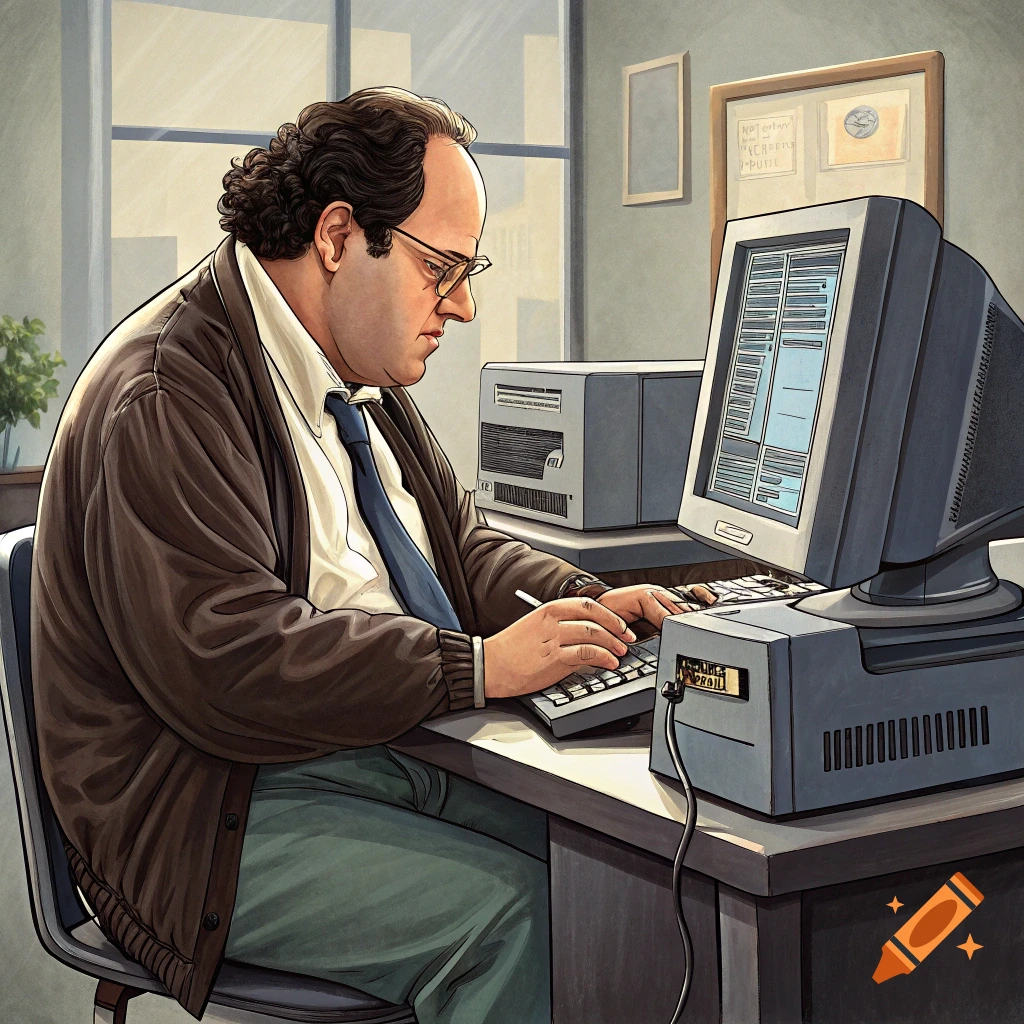 Cartoon illustration of a man resembling Newman from Seinfeld intently typing on a retro computer in an office.