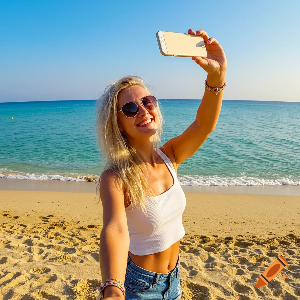 Blonde woman taking a selfie on a sunny beach.