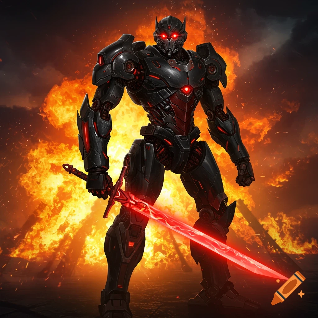 A black and red robot holding a glowing red sword stands in front of a massive fire.