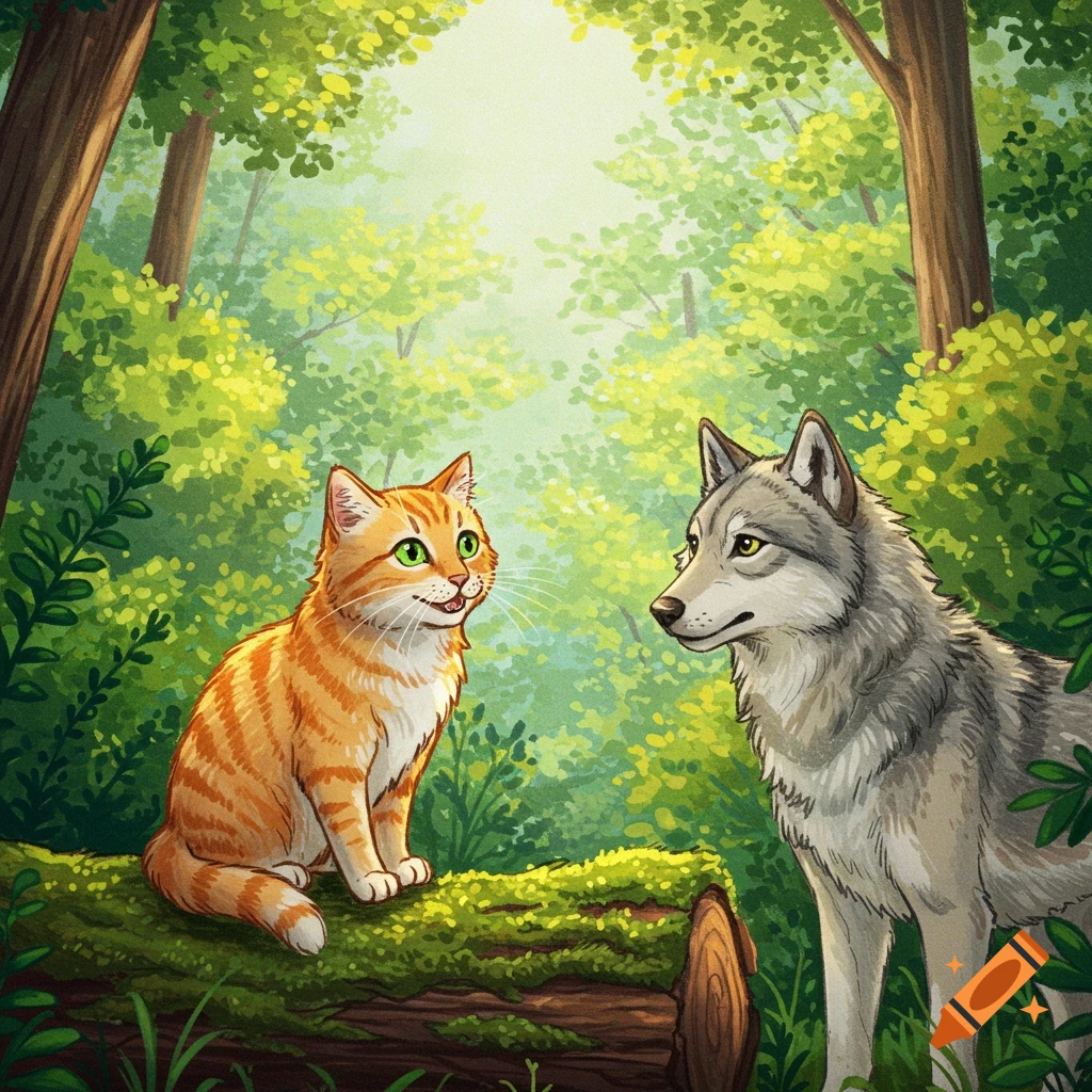 An orange cat and a gray wolf sit on a mossy log in a sunlit forest clearing, drawn in color pencil style.