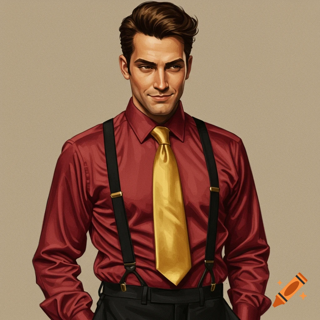 A man wears a red dress shirt, gold tie, black suspenders, and black pants.