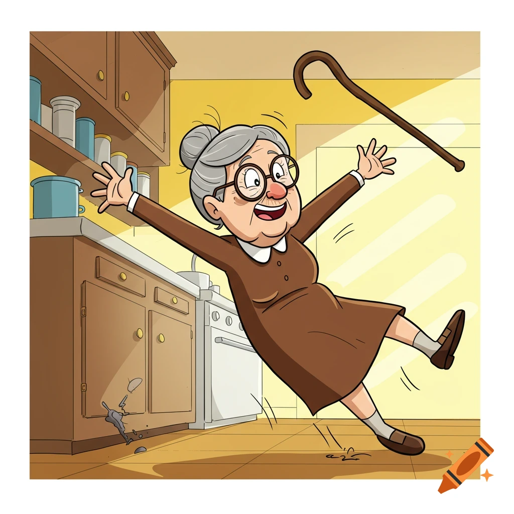 Cartoon illustration of an elderly woman falling backward in a kitchen, dropping her cane.