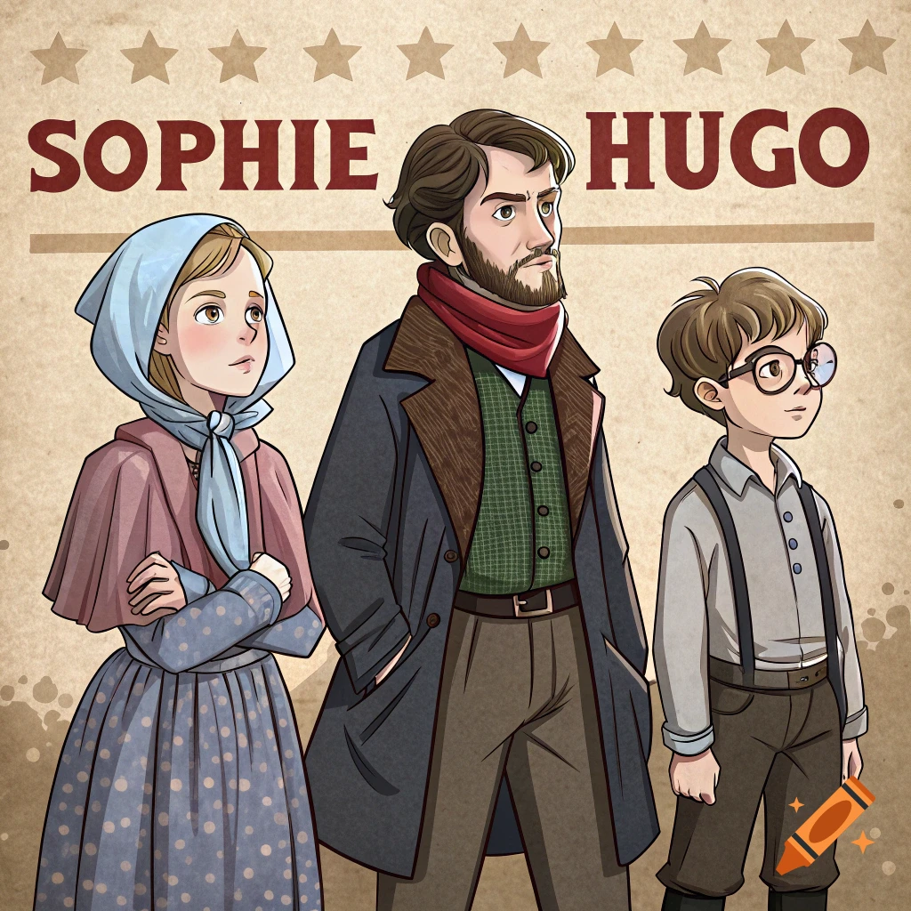Illustration of a woman, man, and boy in period clothing, with names Sophie and Hugo in a poster style.