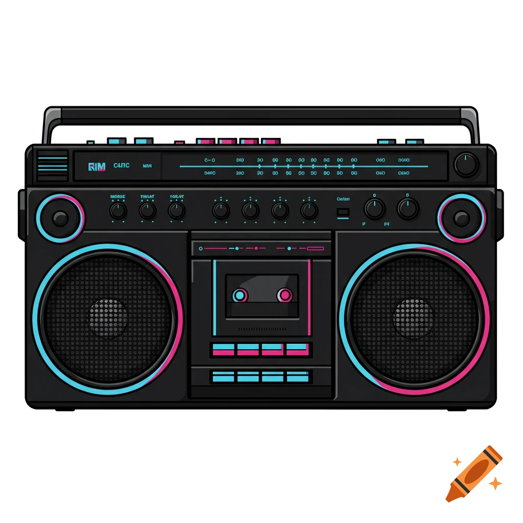 A vector graphic illustration of a black boombox with pink and blue accents.