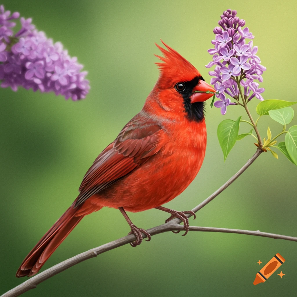 A bright red cardinal bird sits on a branch next to purple lilac flowers.