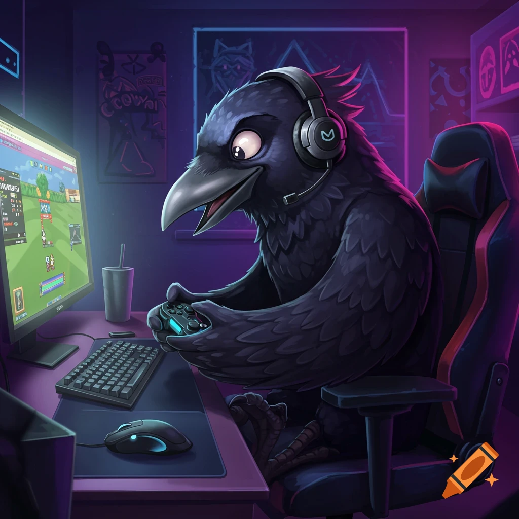 A cartoon crow with headphones playing video games at a computer.