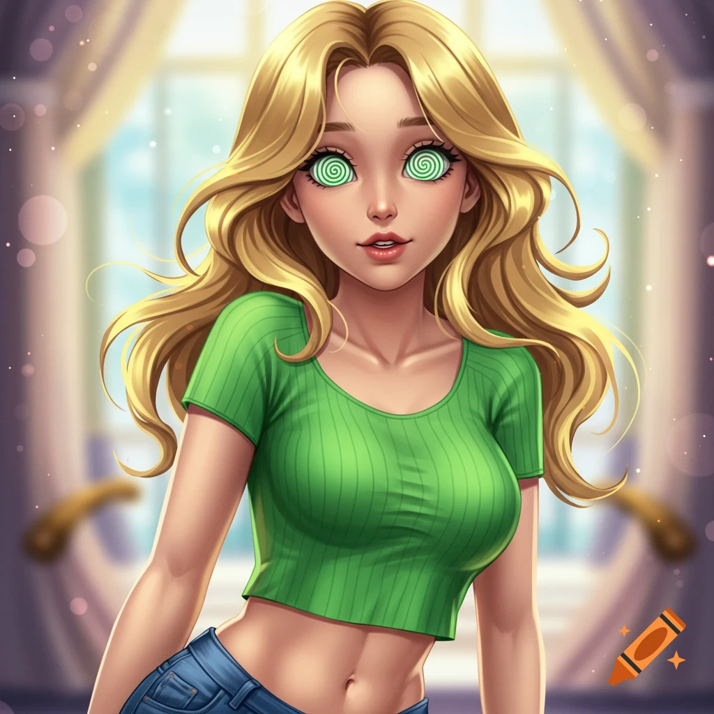 Anime drawing of a blonde girl with swirling green eyes wearing a green crop top and blue jeans.