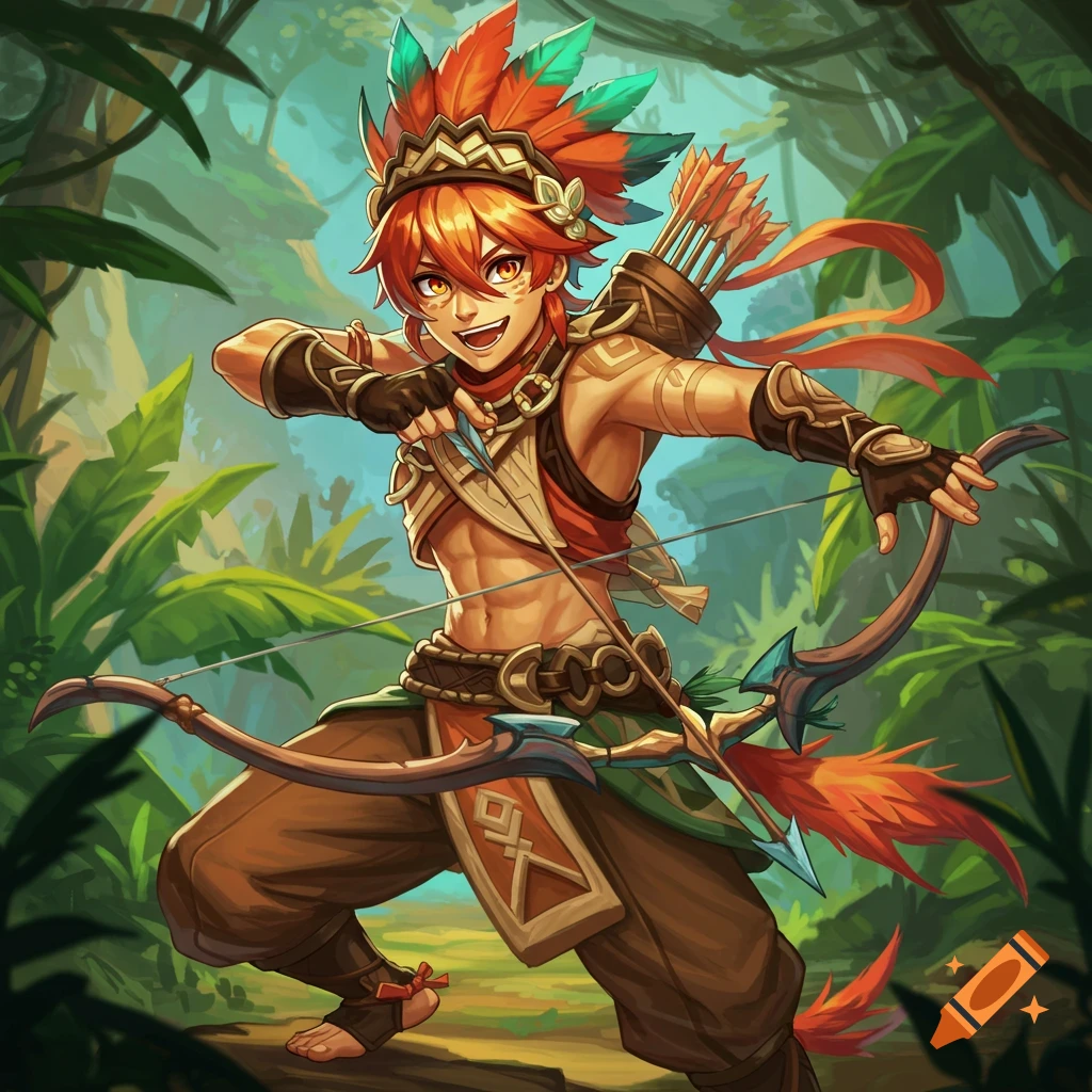Young male archer in a jungle drawing his bow.