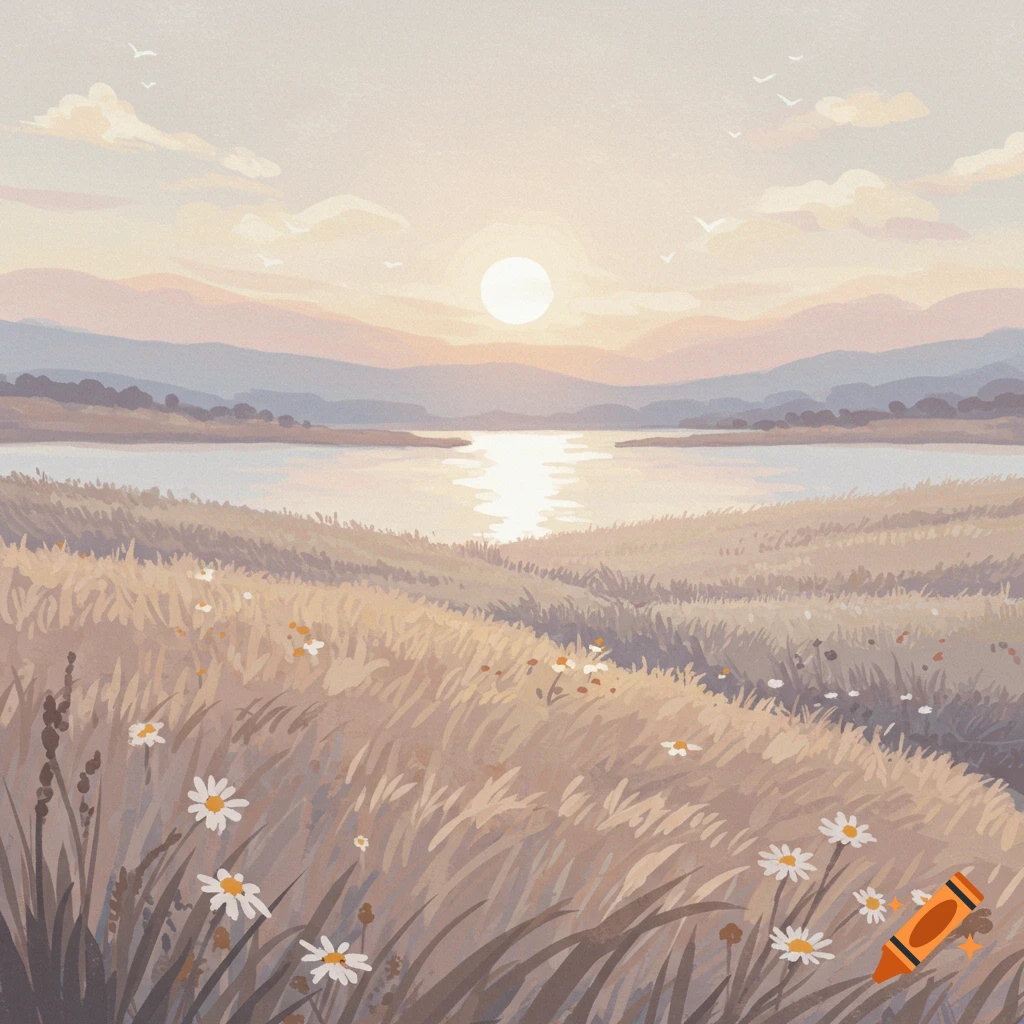 Illustration of a sunny landscape with a lake, mountains, tall grass, white wildflowers, and birds.