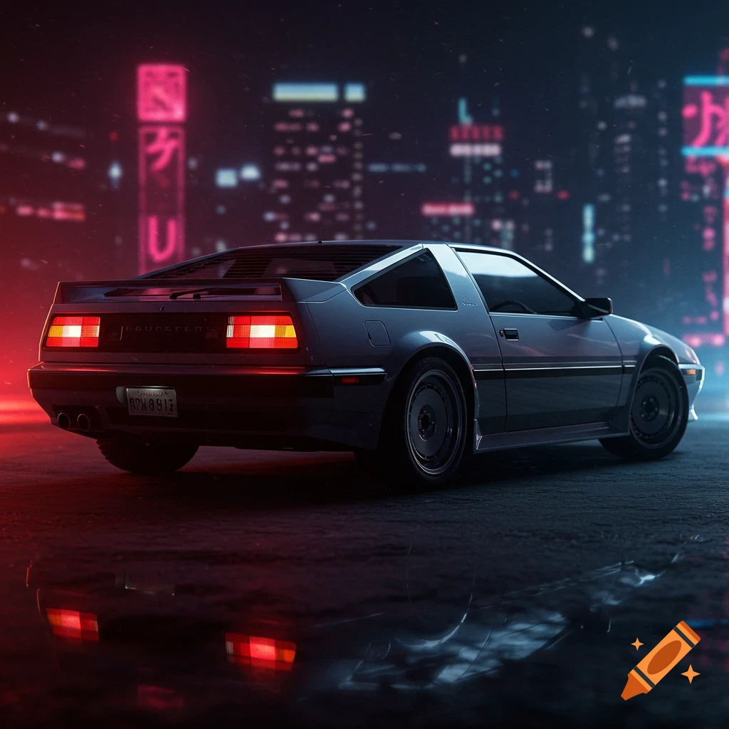 A silver retro sports car is parked on wet ground in a city at night with neon lights.