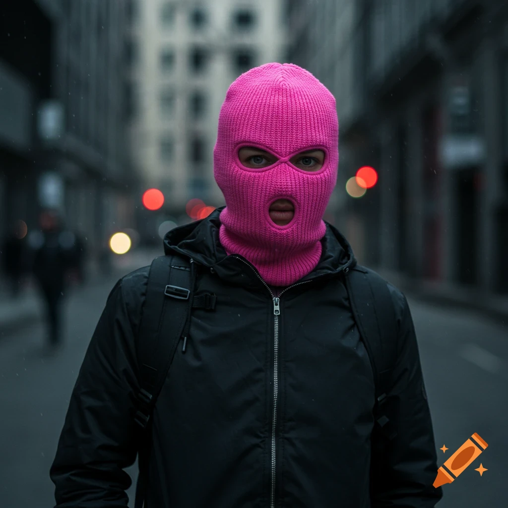A person wearing a bright pink ski mask stands in an urban street.