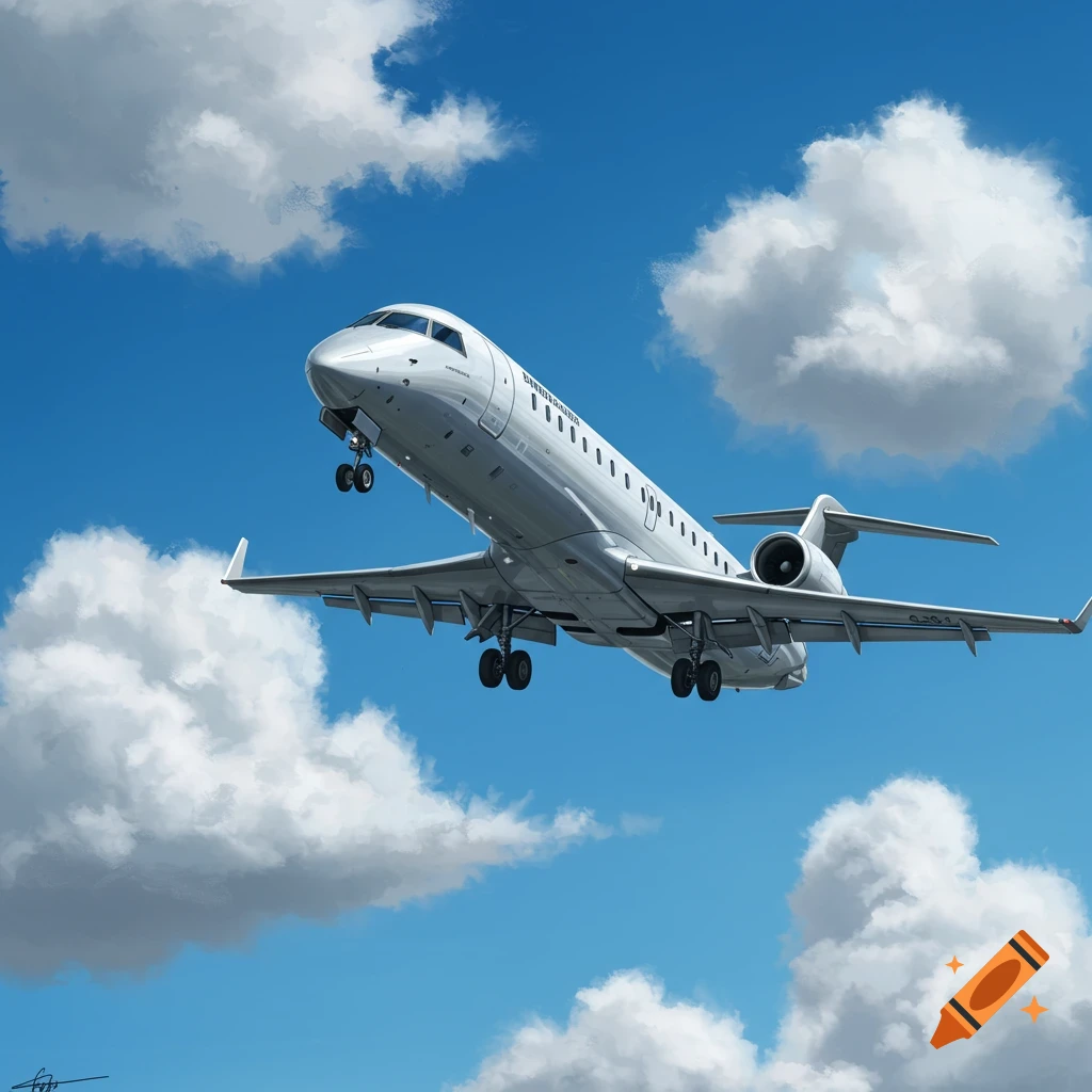 A white passenger jet climbing through a blue sky with clouds.