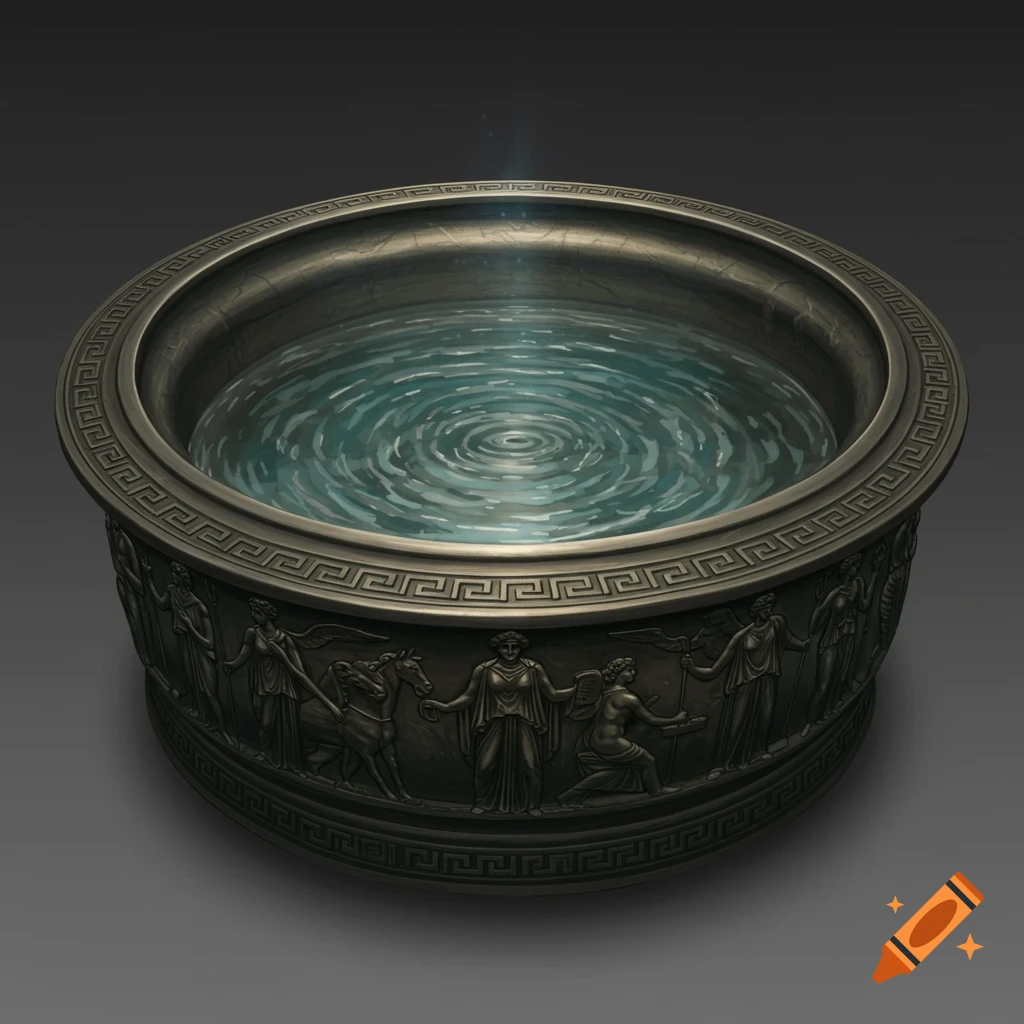 A Greek scrying basin with figures carved in relief and rippling water