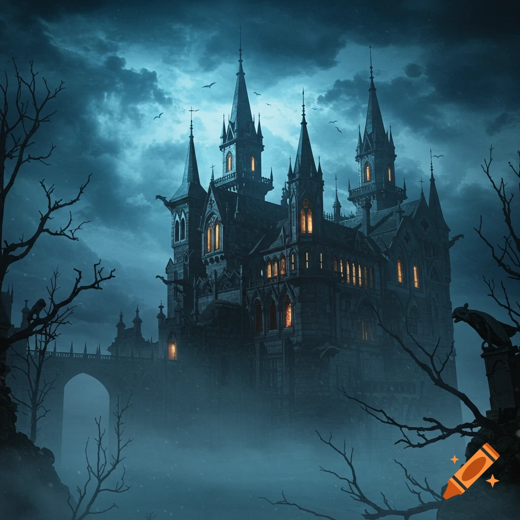 A dark fantasy castle stands under a dramatic sky.