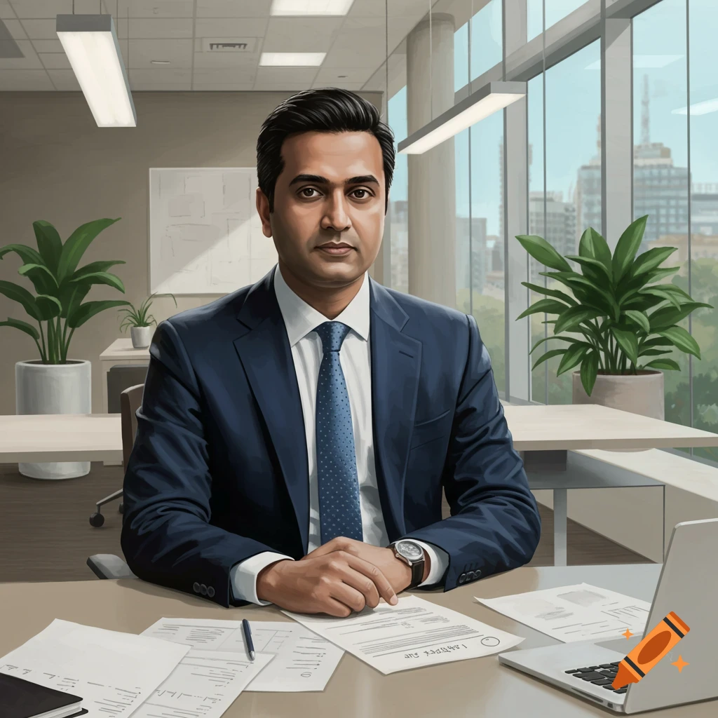 A man in a suit sits at a desk in an office.