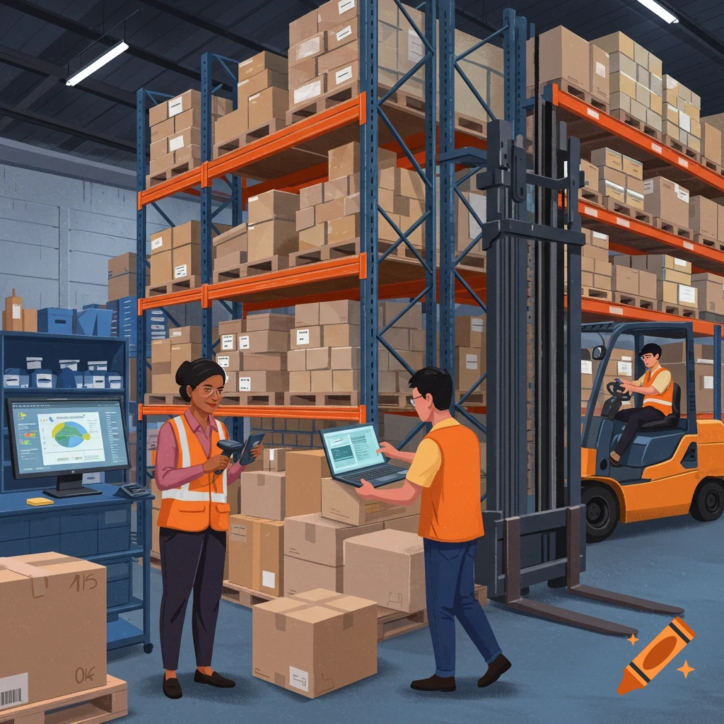 workers managing inventory in a warehouse with computers and a forklift.