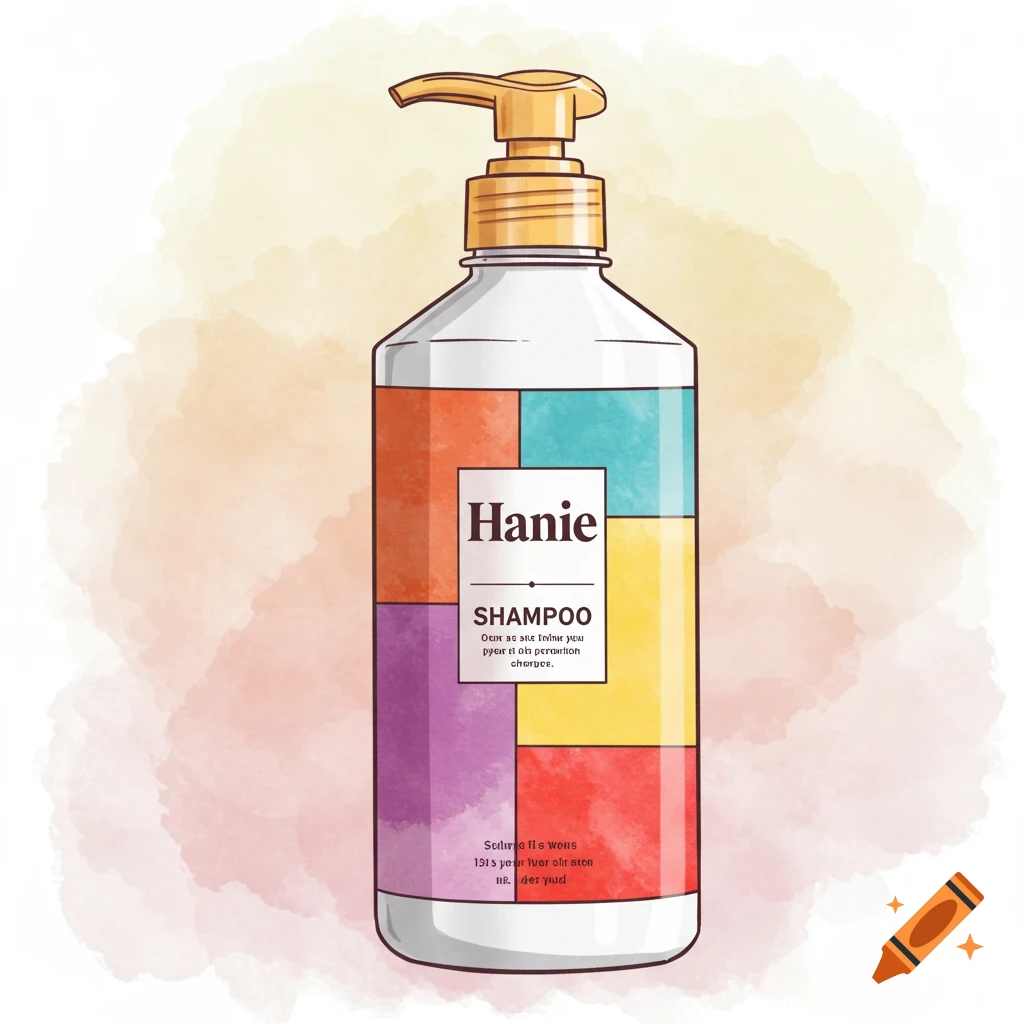 A shampoo bottle with color blocked label and a watercolor background.
