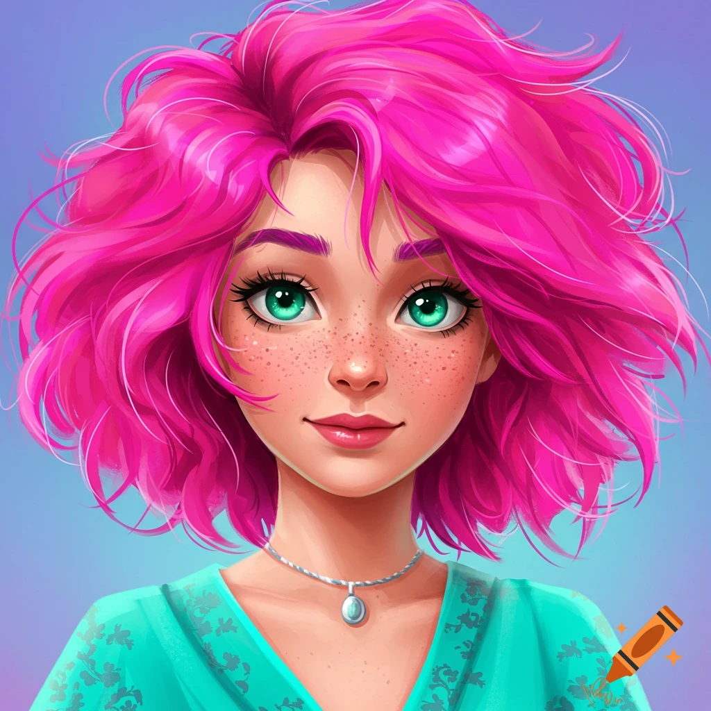 Portrait of a young woman with bright pink hair, freckles, and green eyes.