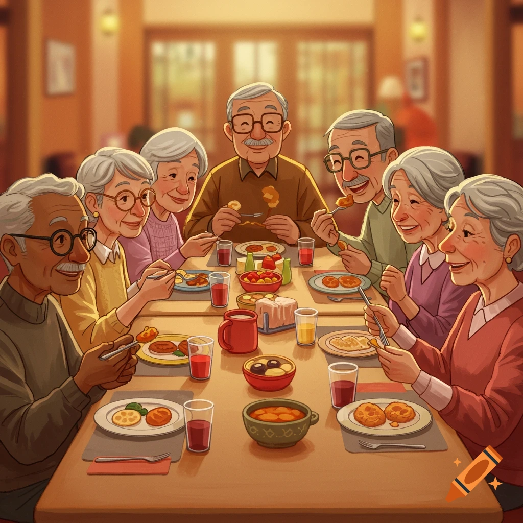 Senior people eating a meal at a table.