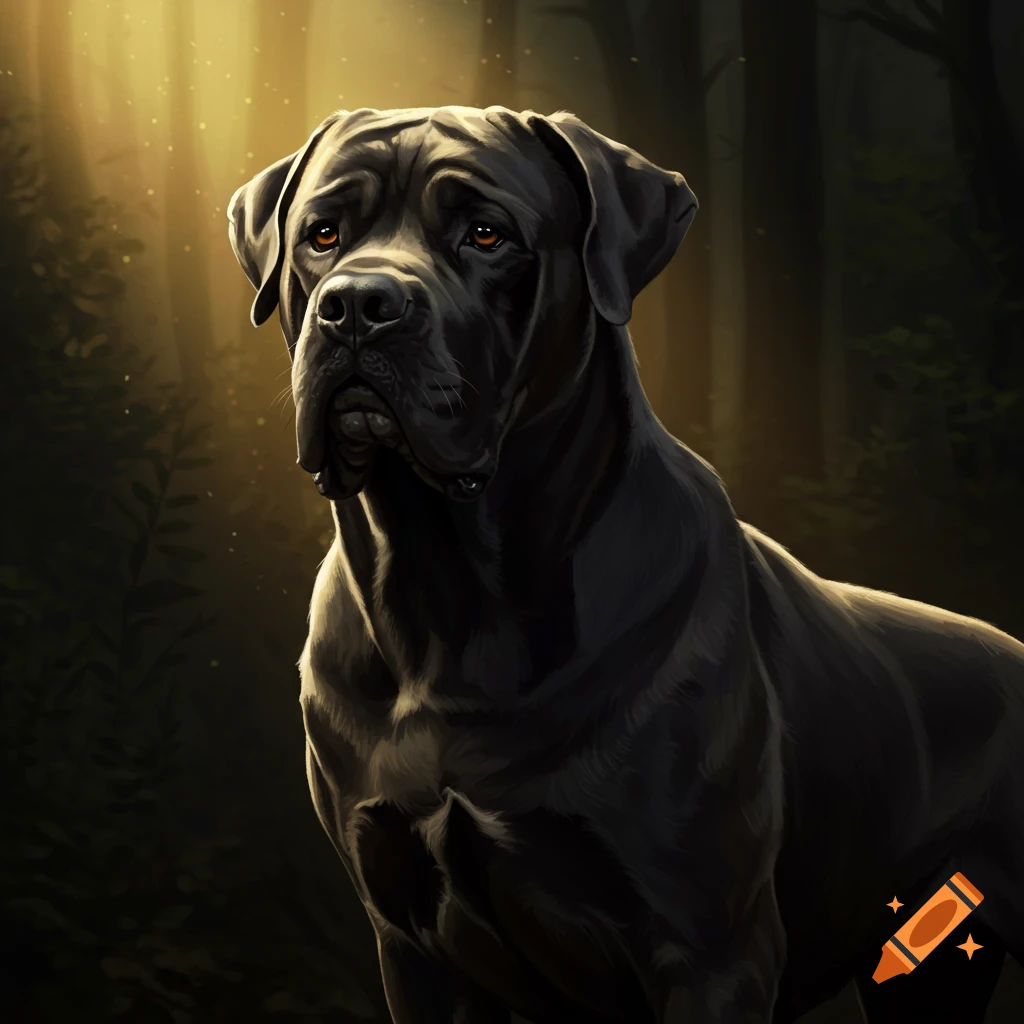 A dark mastiff dog stands in a sunlit forest.