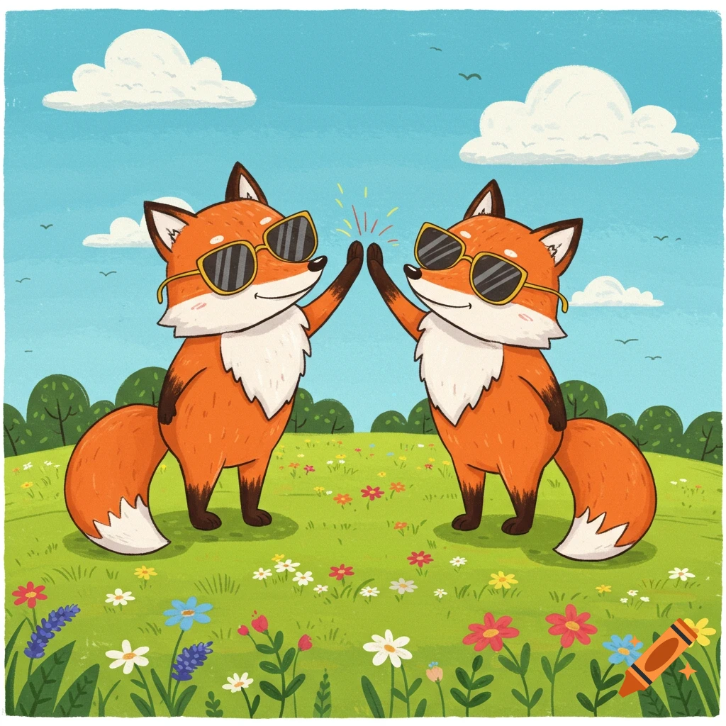 Two cartoon foxes wearing sunglasses high-five in a field of grass and flowers.