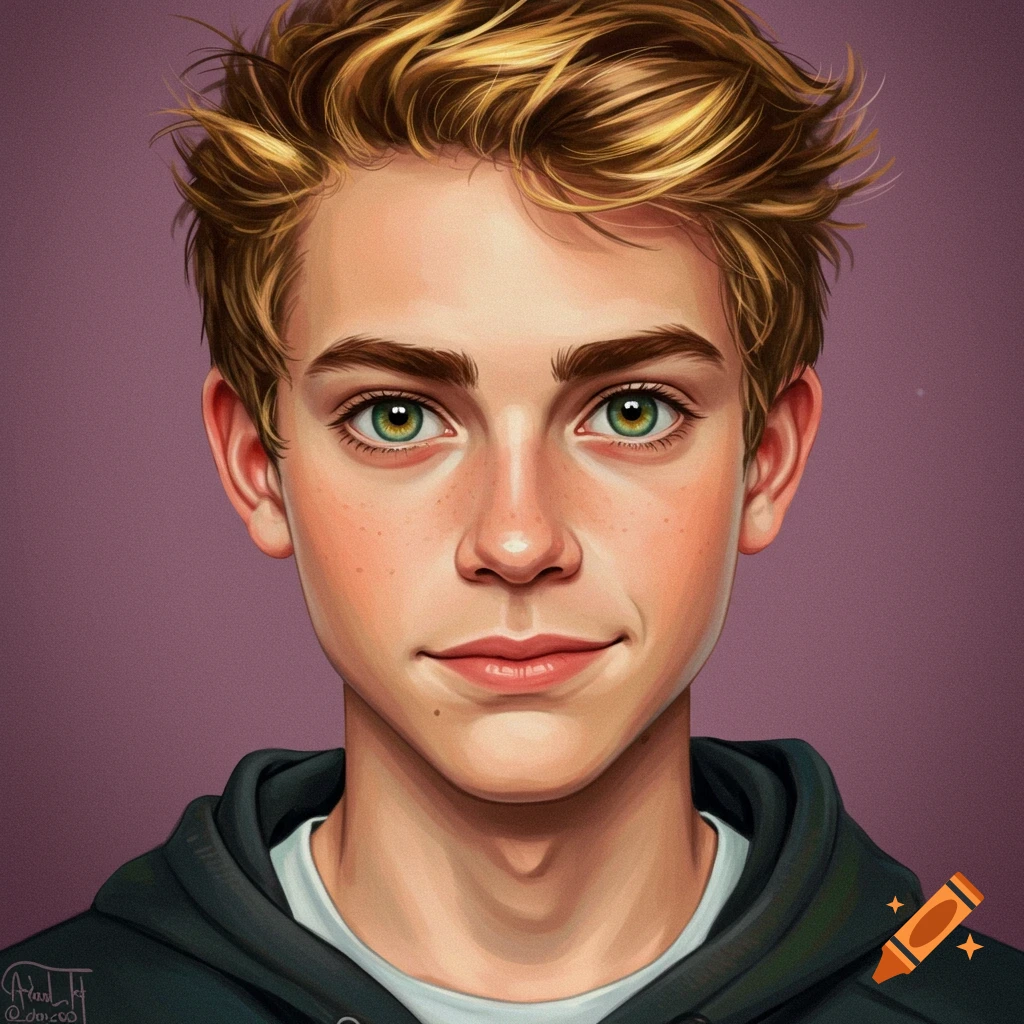 Portrait of a young man with green eyes and blond hair.