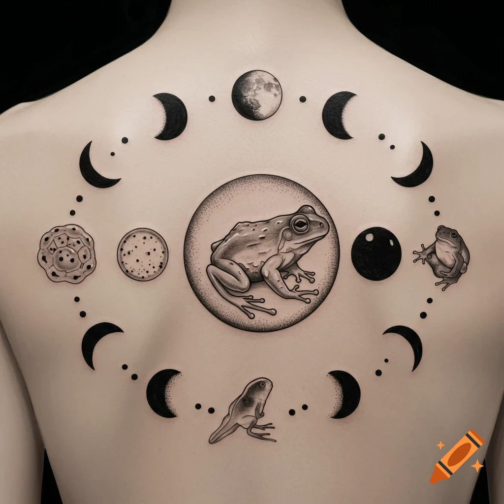 Black and grey tattoo on a back showing a frog lifecycle surrounded by phases of the moon.