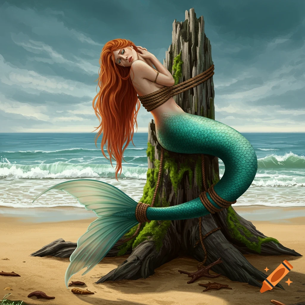 A mermaid is tied to a stump on a beach.