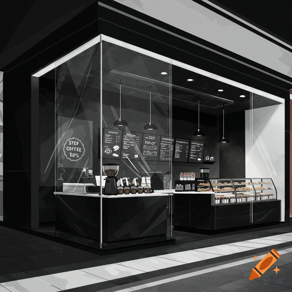 Modern black and white coffee shop interior with a glass facade and menu boards.