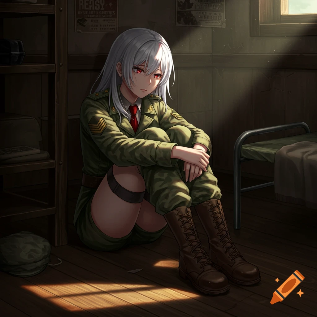 Anime girl in military uniform sitting on floor looking sad
