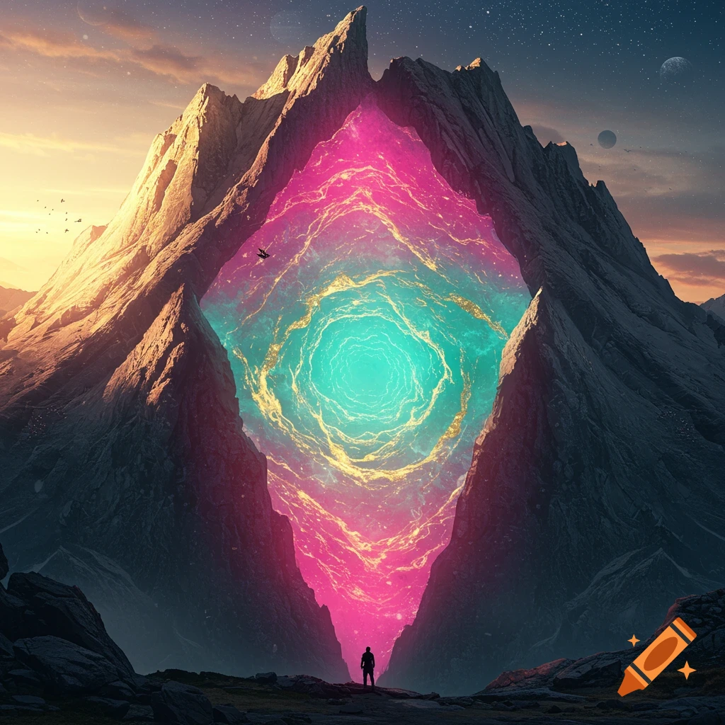 A person stands before a mountain portal revealing a vibrant energy vortex.