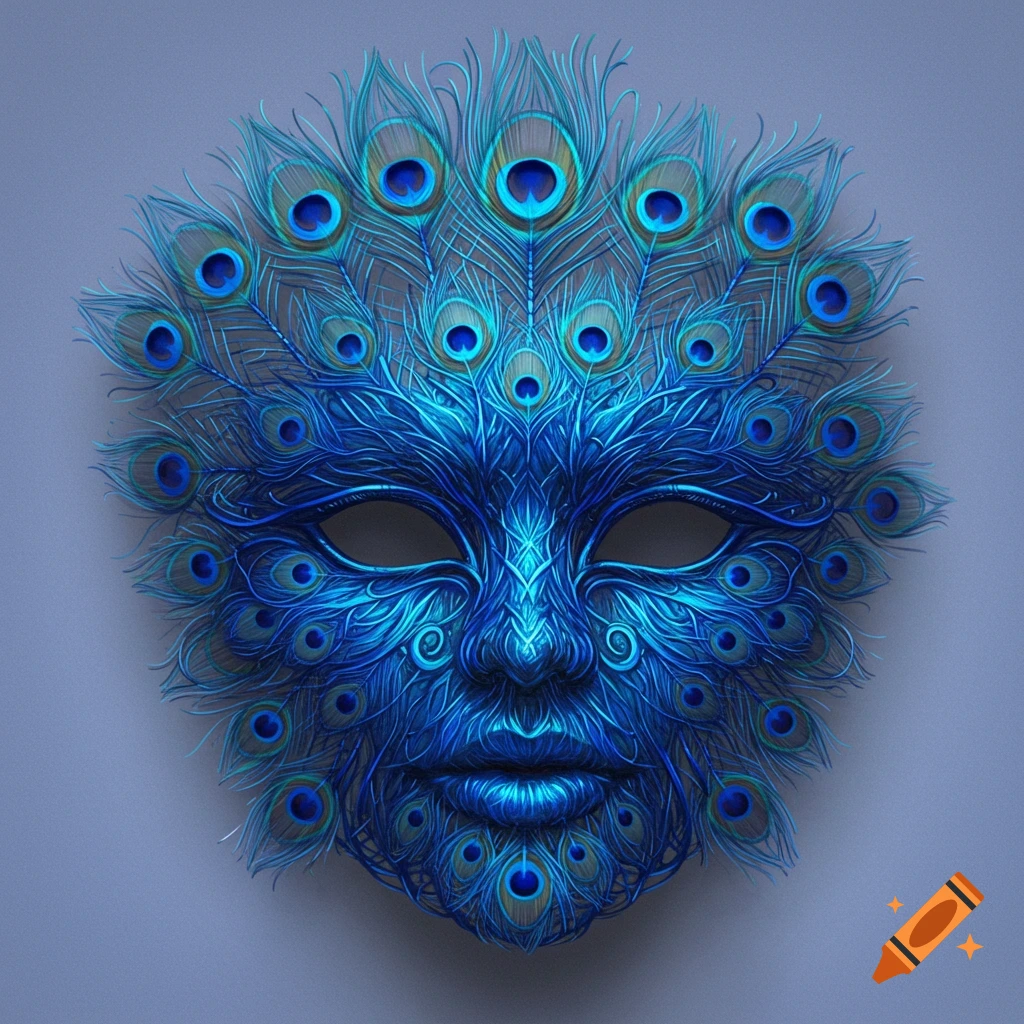 A blue masquerade mask made of peacock feathers and wire on a gray background.