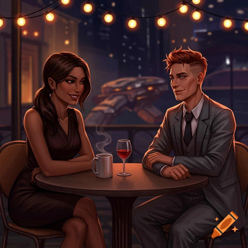 A man and woman on a date at an outdoor table at night with a sci-fi background.