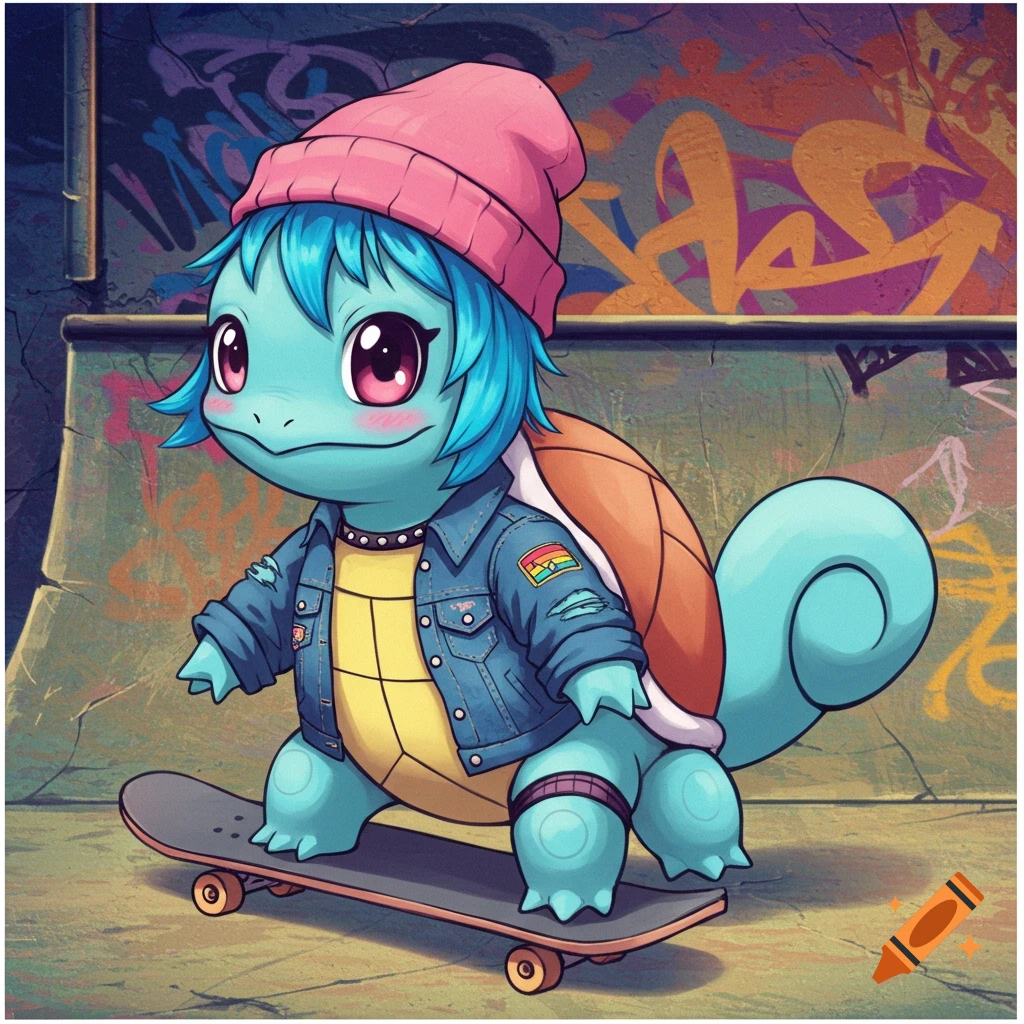 A cartoon Squirtle wearing a pink beanie and denim jacket rides a skateboard in front of a graffiti wall.