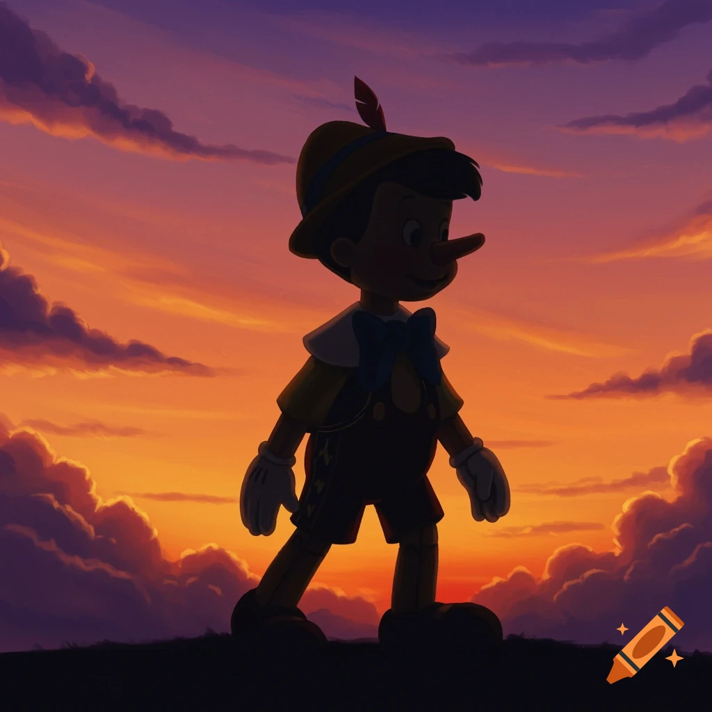 Pinocchio's silhouette against a vibrant sunset sky, cartoon style.