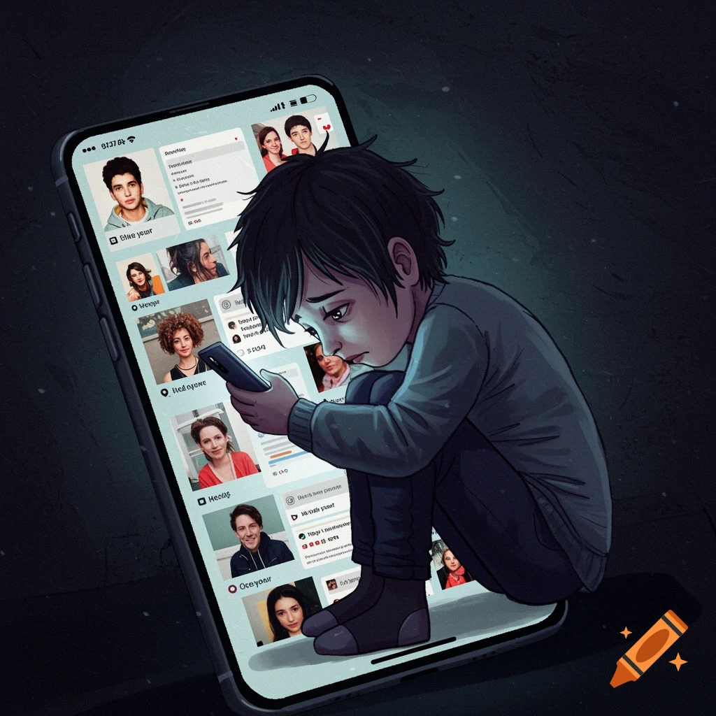 A sad child looks at a phone screen displaying social media feeds.