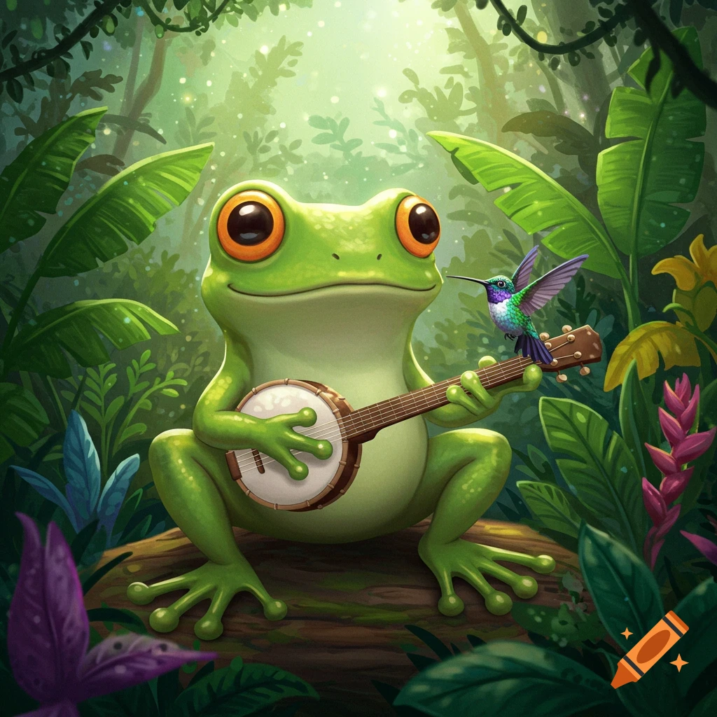 A cute cartoon frog plays a banjo in a jungle as a hummingbird sits on the neck.