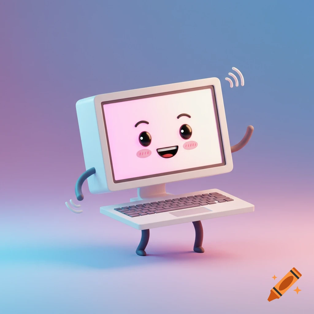 Cute 3D cartoon computer character smiling and waving