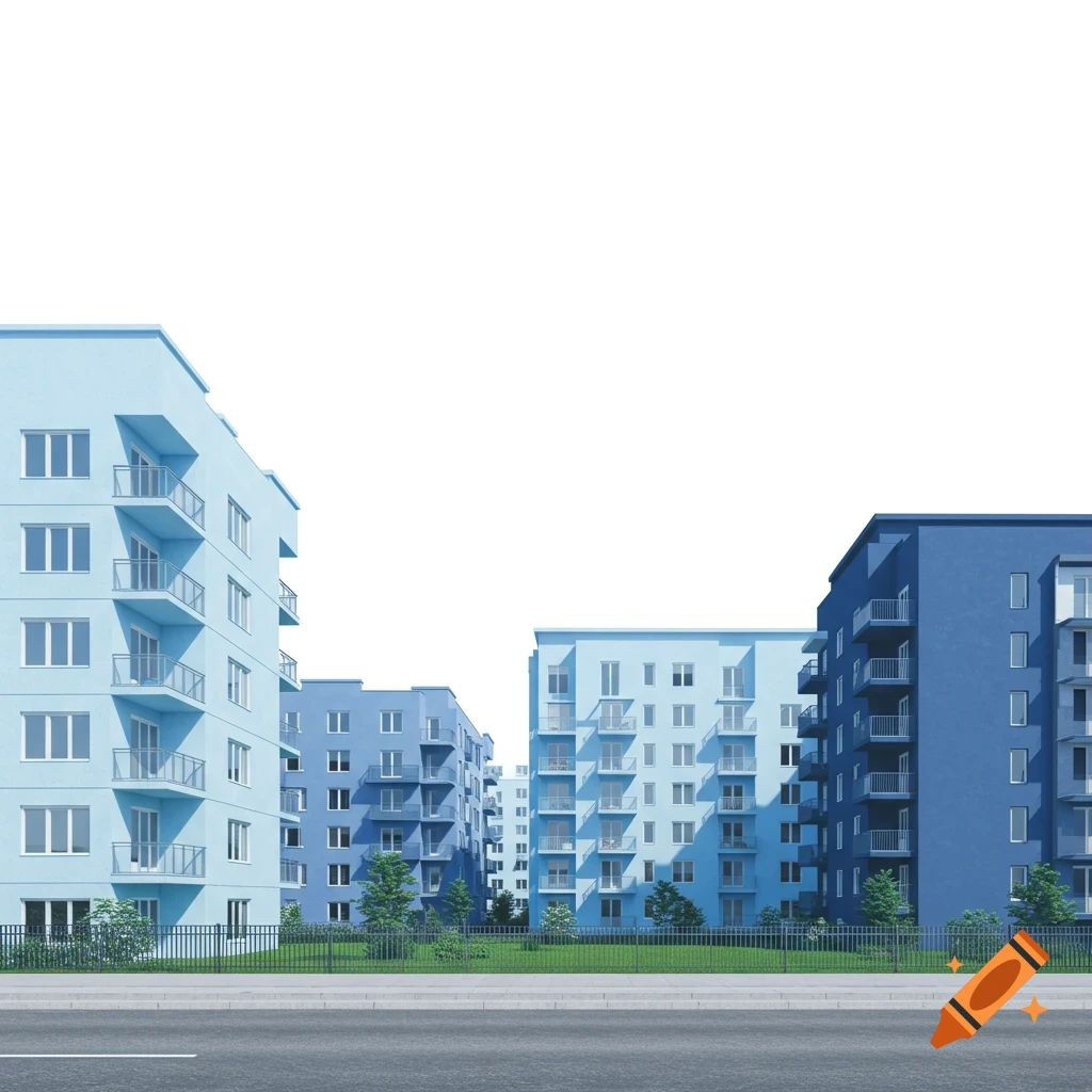Modern blue apartment buildings along a street with a white sky.