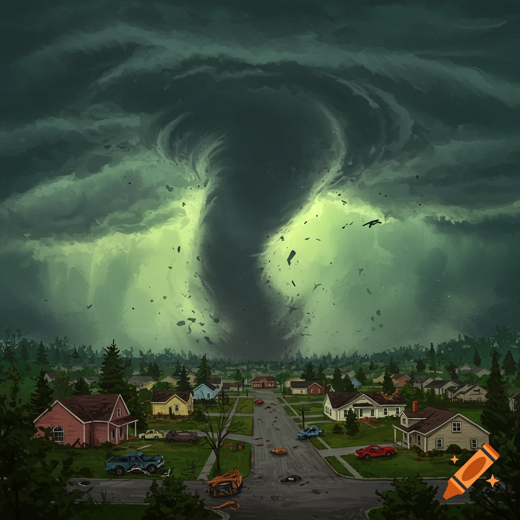 A large tornado tearing through a residential neighborhood with houses and trees damaged.