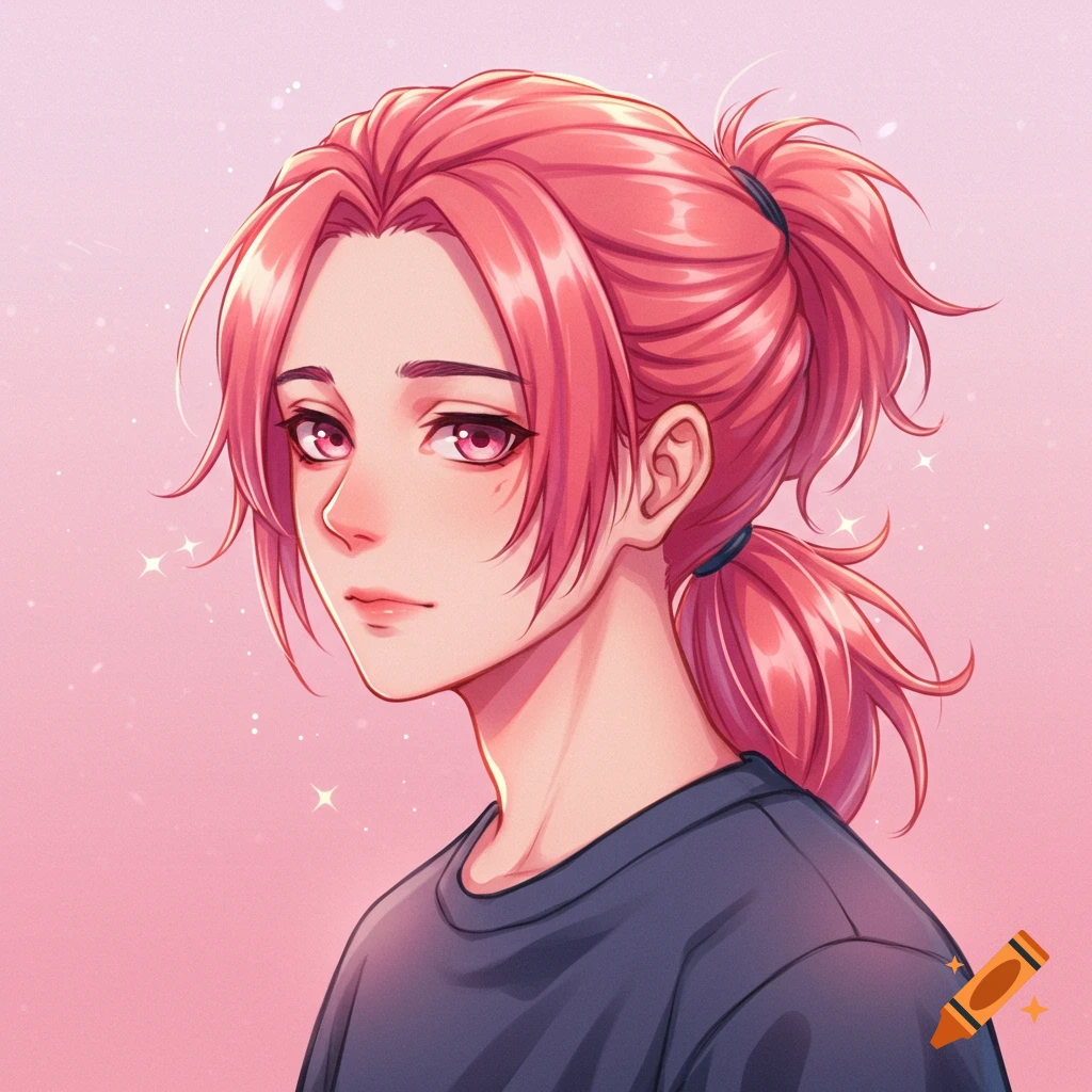 Anime portrait of a person with pink hair in a ponytail, wearing a dark shirt